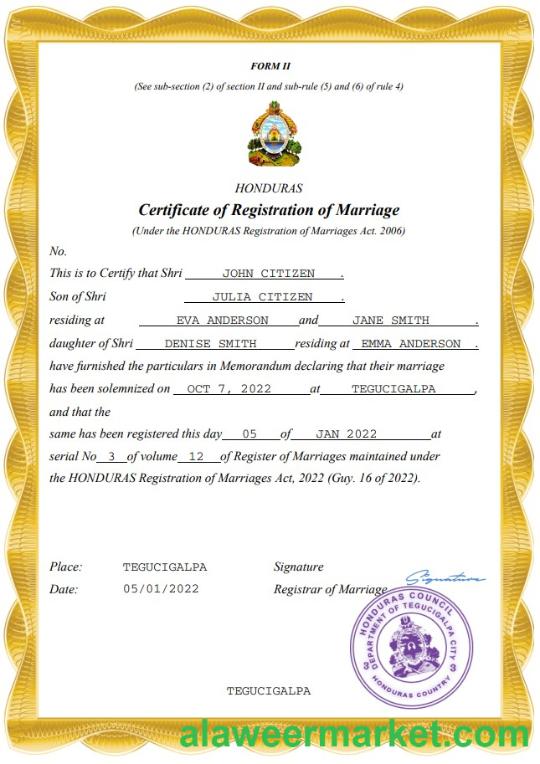 Honduras marriage certificate Word and PDF template